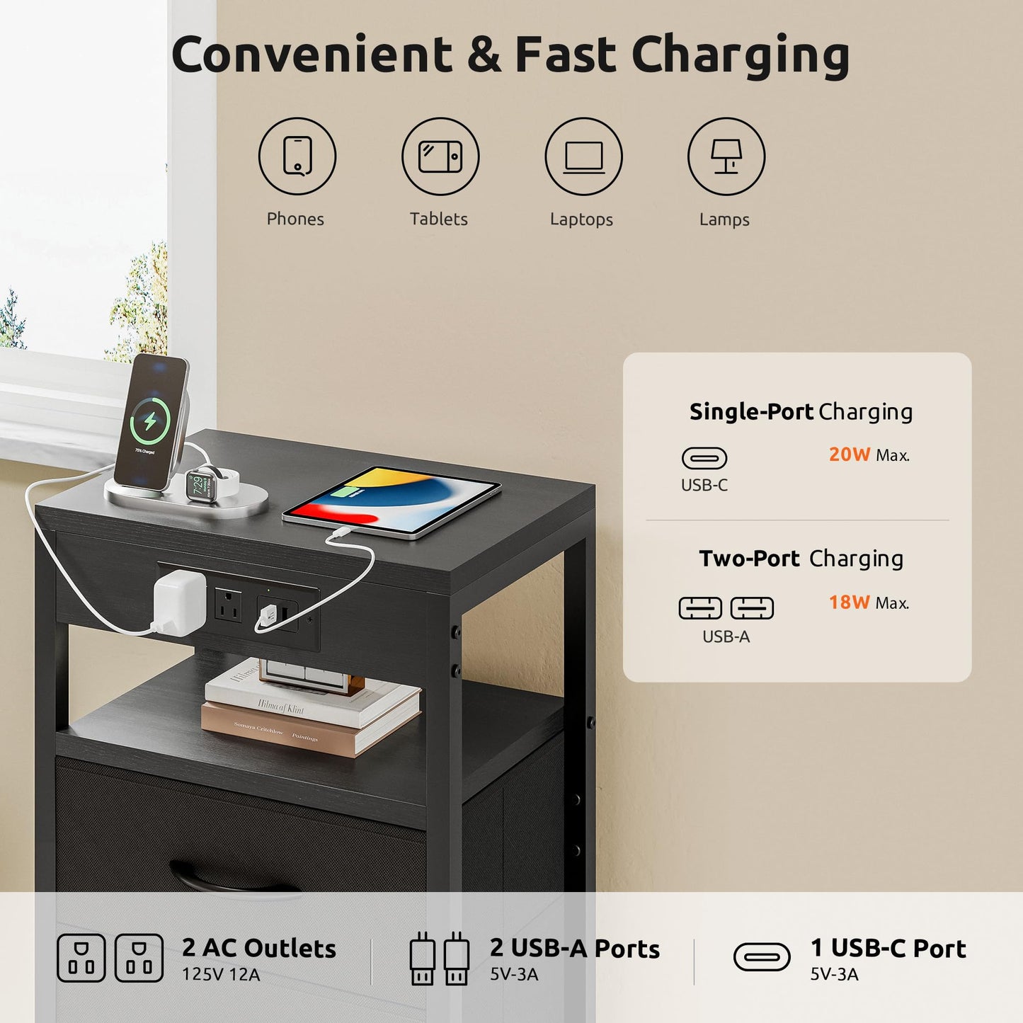 Lazzanto Nightstand Bedside Charger Table for Bedroom - Night Stand with Charging Station, Modern Nightstand with Open Shelf & 2 Fabric Drawers, Bed Side Table with USB-C Port for Dorm, Black