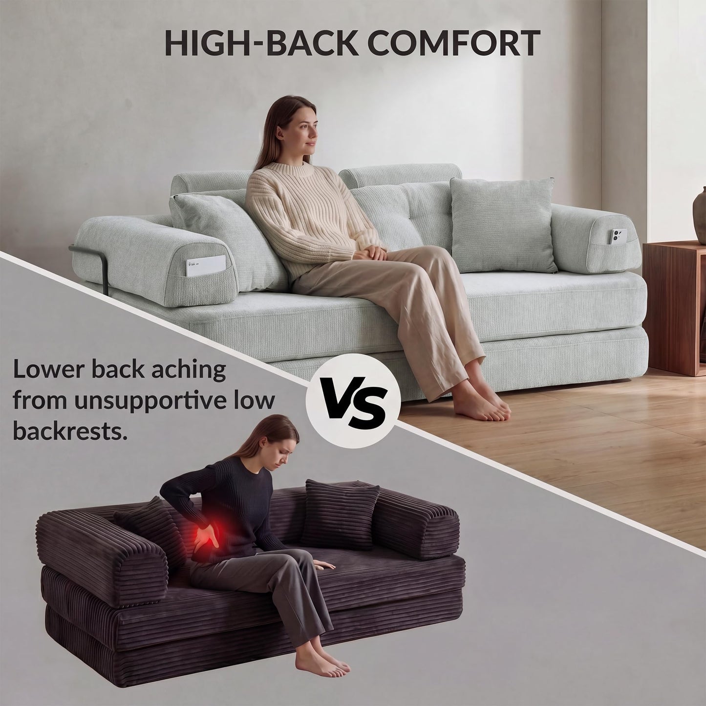 Boneless Floor Sofa, 3-in-1 Convertible Loveseat Sleeper Futon, Modular Small Space Couch Bed with High Headrests & Side Storage Pockets & 2-in-1 Pillow Blanket for Living Room, No Assembly, Bedroom