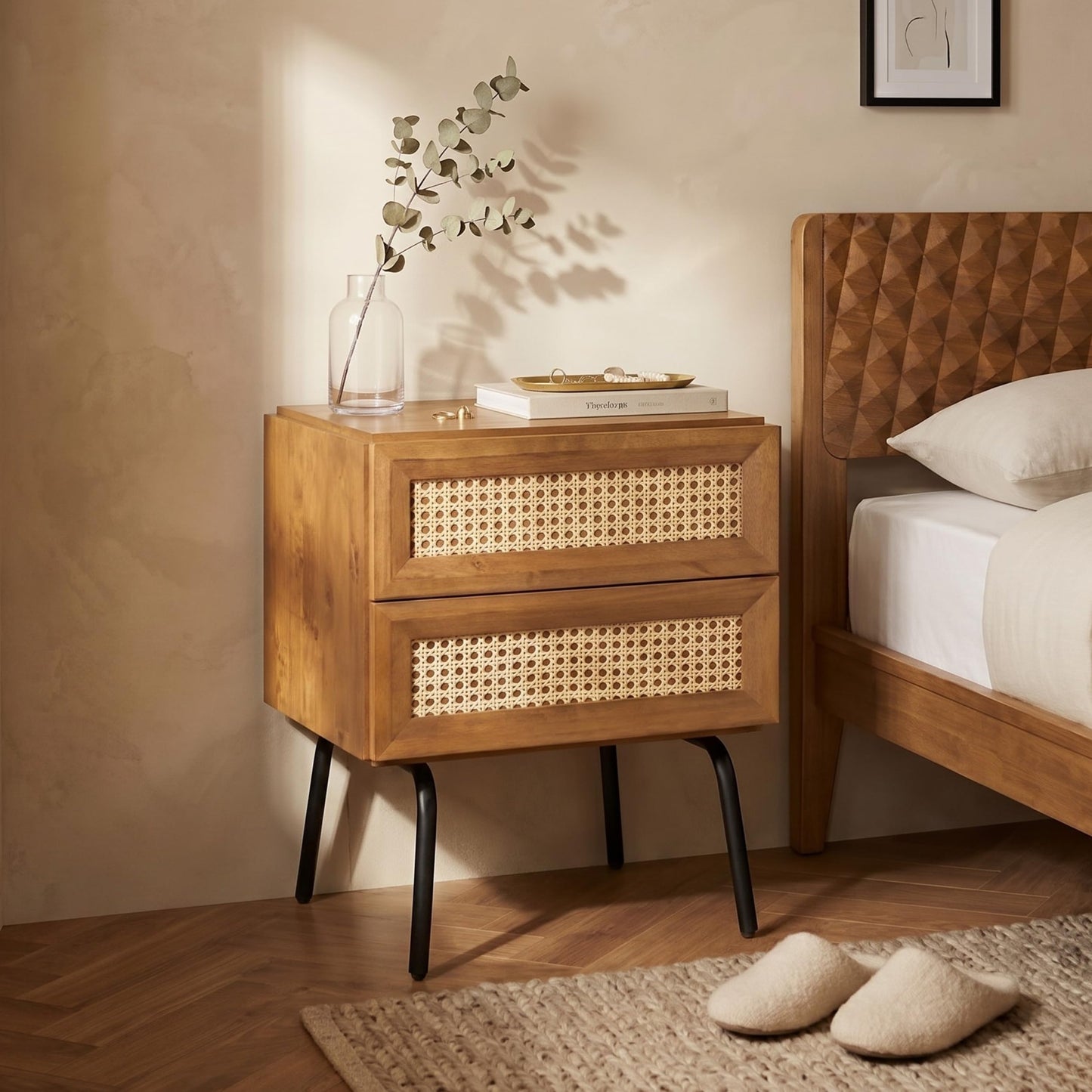 NTC Solid Oak Drawer Face Lulu Nightstand with Natural Rattan Drawer, Mid-Century Side Table for Bedroom, Bedside Furniture, End Table – Waterproof, Heat Resistant, Easy to Assemble, Teak Look