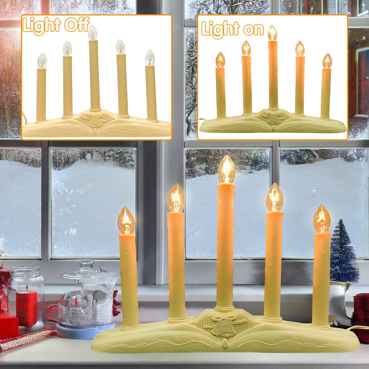 Pallerina Window Candles for Christmas, Battery Operated or Electric LED Flameless Taper Candlesticks with Timer and Sensor for Holiday Home Window Decoration, Ivory Base, 5-Light Set