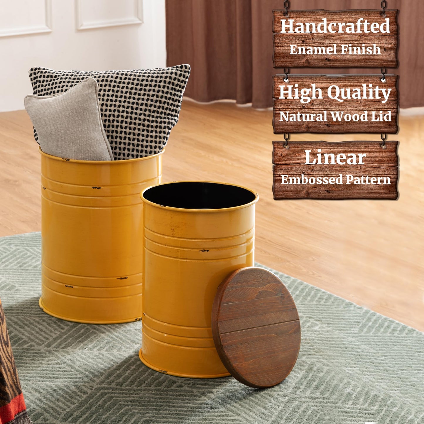 Glitzhome Rustic End Table Set of 2, Farmhouse Galvanized Metal Barrel Ottoman Storage Stool with Round Wood Lid for Living Room Furniture, Yellow