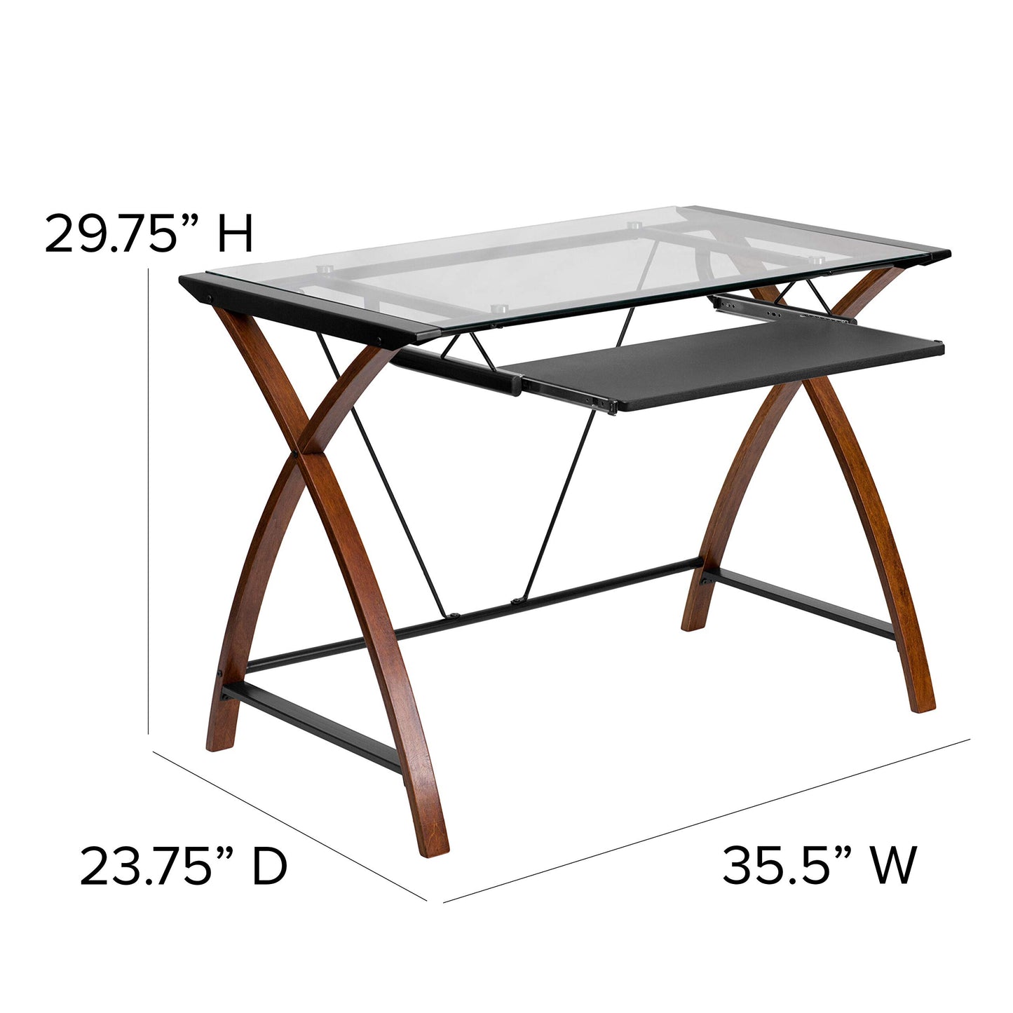 Flash Furniture Jude Tempered Glass Computer Desk with Pull-Out Keyboard Tray and Crisscross Frame, Small Computer Desk for Home Office, Cherry/Clear