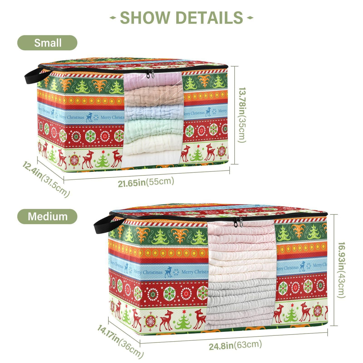 Christmas Clothes Storage Bag Foldable Storage Bin with Handle Zipper Clear Window Closet Organizer for Bedding Blankets 60L