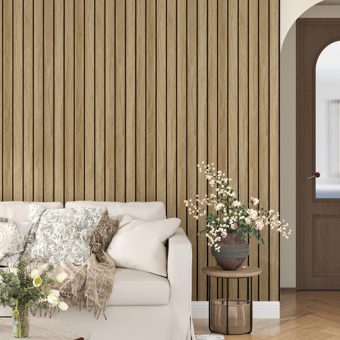 STICKEEP 3D Brown Wood Wall Panels 197"x11.8" Acoustic Slat Wall Paneling Peel and Stick Wood Panels Self Adhesive Flexible Veneer Wooden Slats Wallpaper for Bedroom Living Room Workshop Wall Decor
