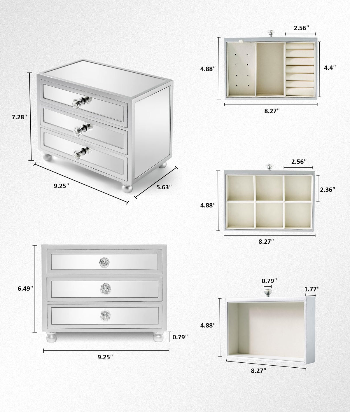 Gifturbo 3 Layer Mirrored Glass Jewelry Box, Large Capacity Women's Storage Box with Velvet Interior and Crystal Handle