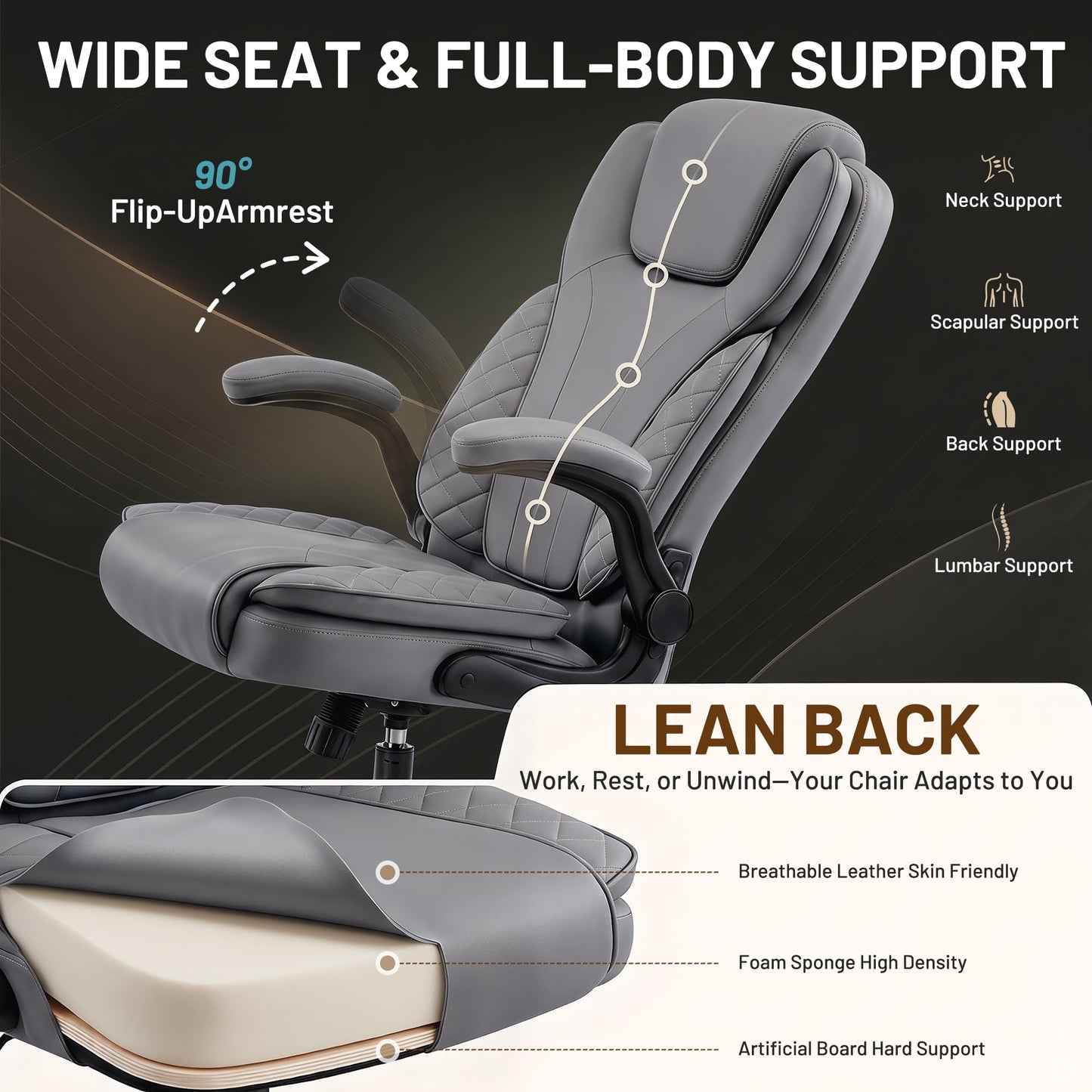 Hayelf Ergonomic Office Chair, PU Leather High Back Executive Chair with Adjustable Inflatable Lumbar Support and Padded Flip-Up Arms, Recline Swivel Task Computer Chair for Home Office, Gray