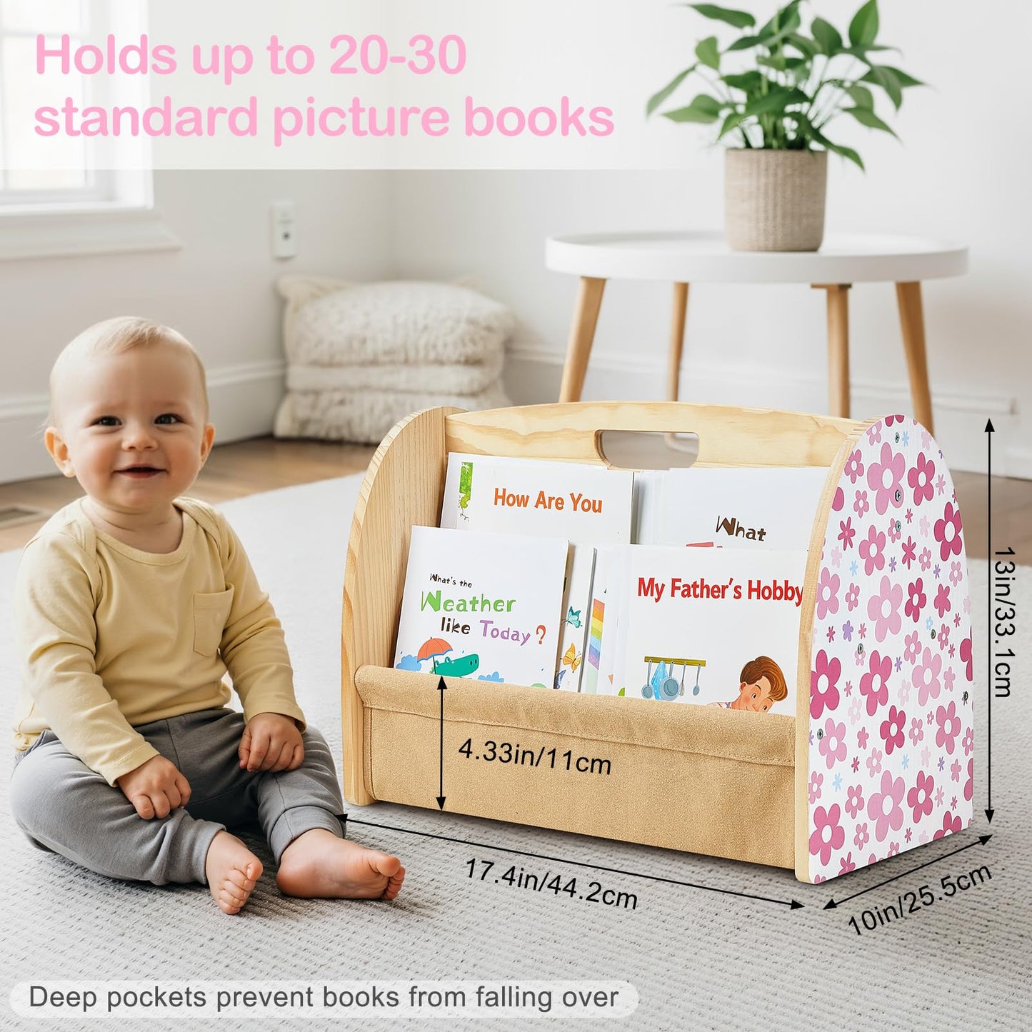 SheSeek Toddler Bookshelf Double-Sided with 4 Tier Deep Sleeves Kids Wooden Montessori Book Rack for Baby Nursery Room, Playroom, Classroom or Bedroom Bookcase Storage Organizer, Pink Flowers