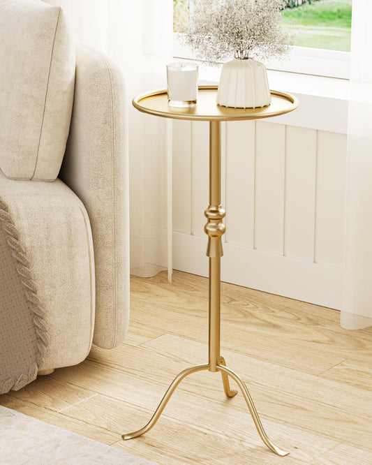 AEPOALUA Brass Distressed Iron Round Pedestal End Table, 25 Inch Vintage Martini Cocktail Accent Table with Tray Top for Living Room, Bedroom (Gold)