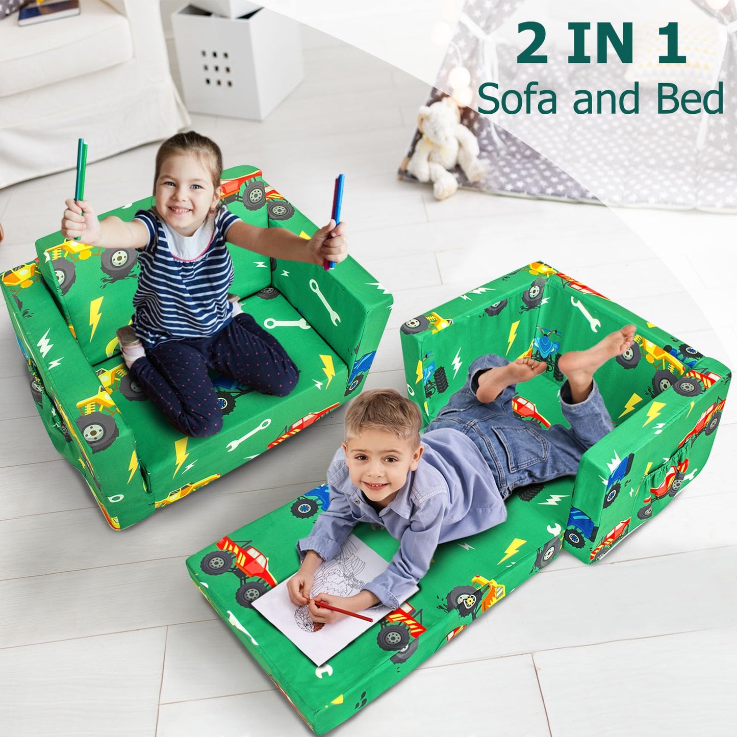 Beavtaens Kids Couch, 2-in-1 Kids Fold Out Sofa, Convertible Toddler Couch to Lounger for Girls and Boys, Soft Toddler Chairs Comfy 1-3 Years Old (Green Monster Truck)