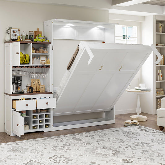 Filtome Queen Size Murphy Bed with Storage Cabinet, Wine Rack, Glass Holder, Drawers and Multi-Color Led Strip, White