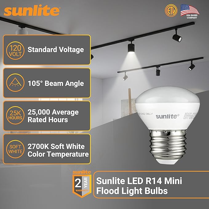 Sunlite LED R14 Mini Flood Light Bulbs, 4 Watts, 250 Lumens, Medium Base