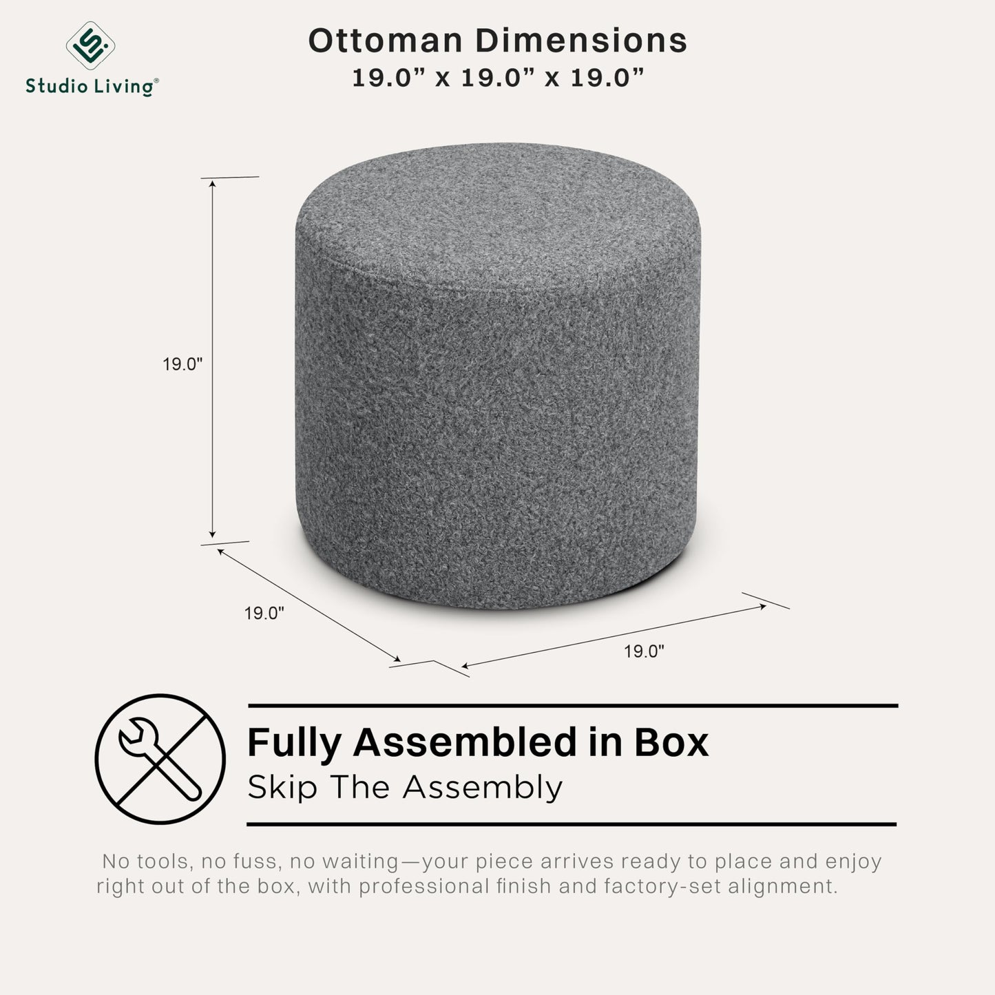 Studio Living Wentworth 19" Round Ottoman, Urban Transitional, Fully Assembled, Faux Sherpa Fabric, Gray