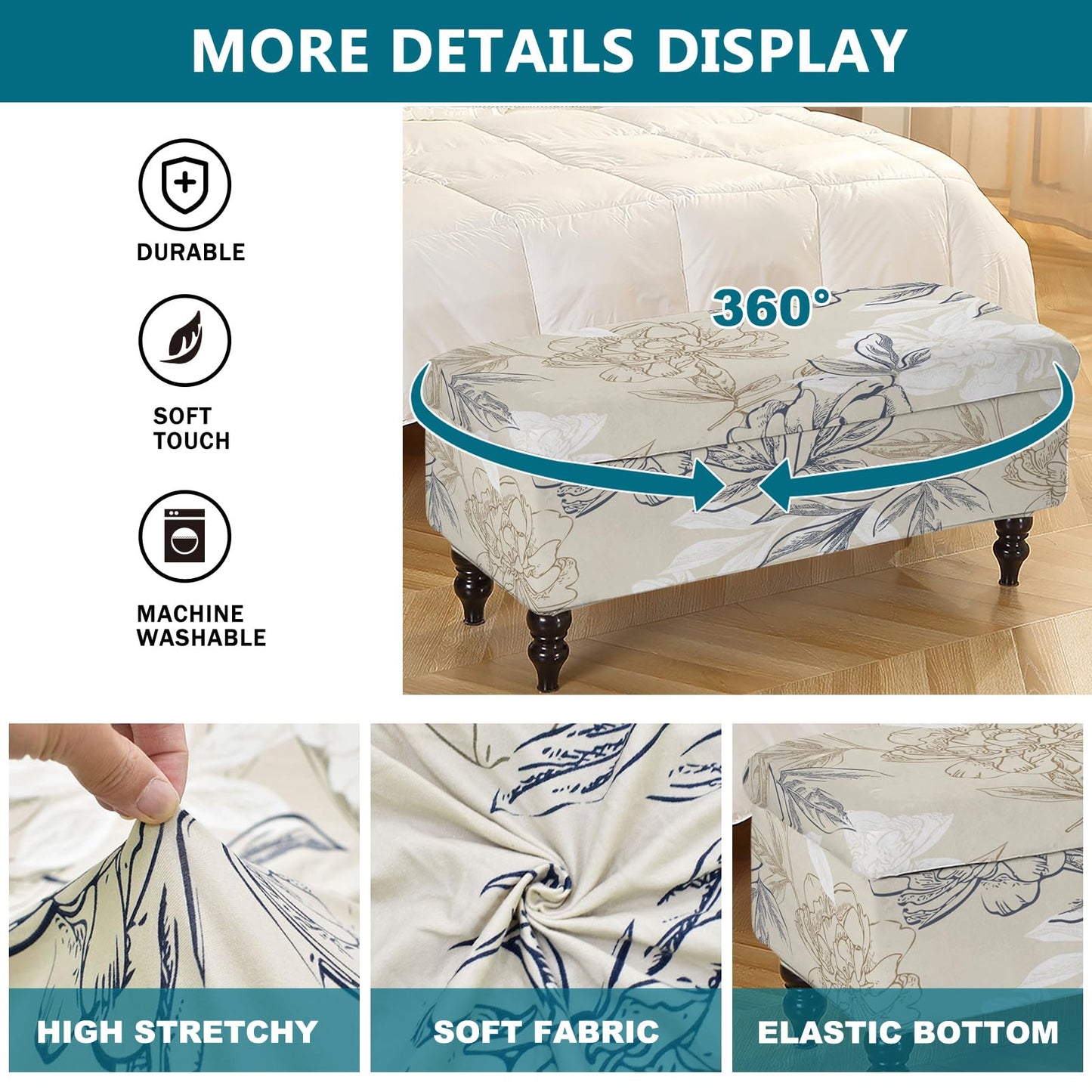 KRFOONN Rectangle Ottoman Covers Stretch Folding Storage Ottoman Bench Cover Printed Storage Folding Footrest Stool Slipcover Furniture Protector for Living Room Bedroom Bench (Small, 01)