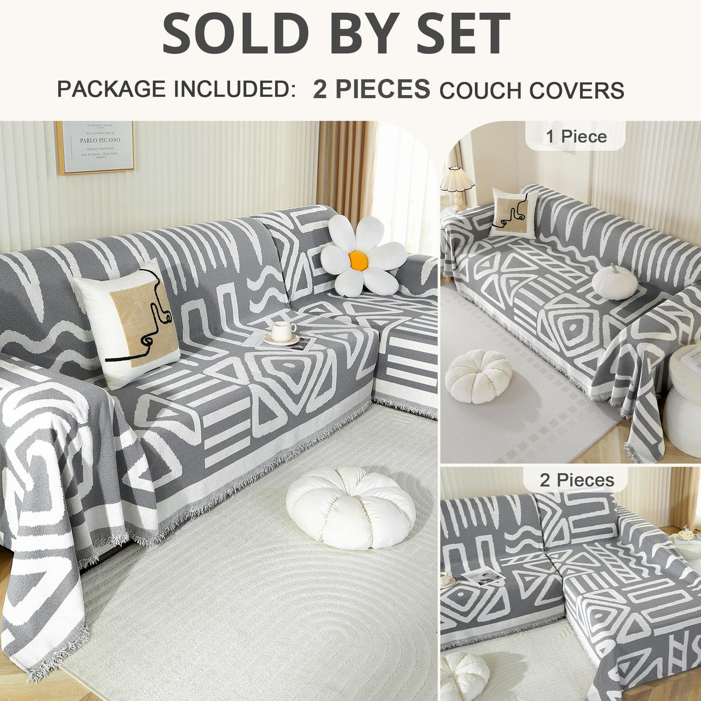 Royhom Sectional Couch Covers 2 Pieces, L Shaped Couch Cover Blanket, Boho Sofa Covers Washable, Sofa Slipcover with Tassel, Suitable for All Seasons (71"x118"+71"x118", Dark Grey)