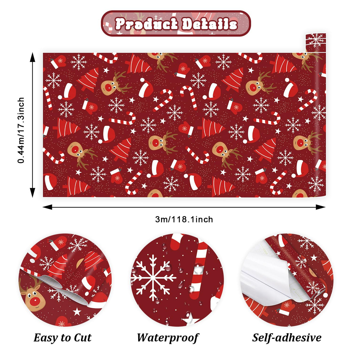 IARTTOP Merry Christmas Wallpaper Peel and Stick Snowflake Contact Paper for Cabinets and Drawers Christmas Reindeer Wallpaper Xmas Candy Canes Decals for Winter Holiday Home Party Decor(17.3"X118.1")