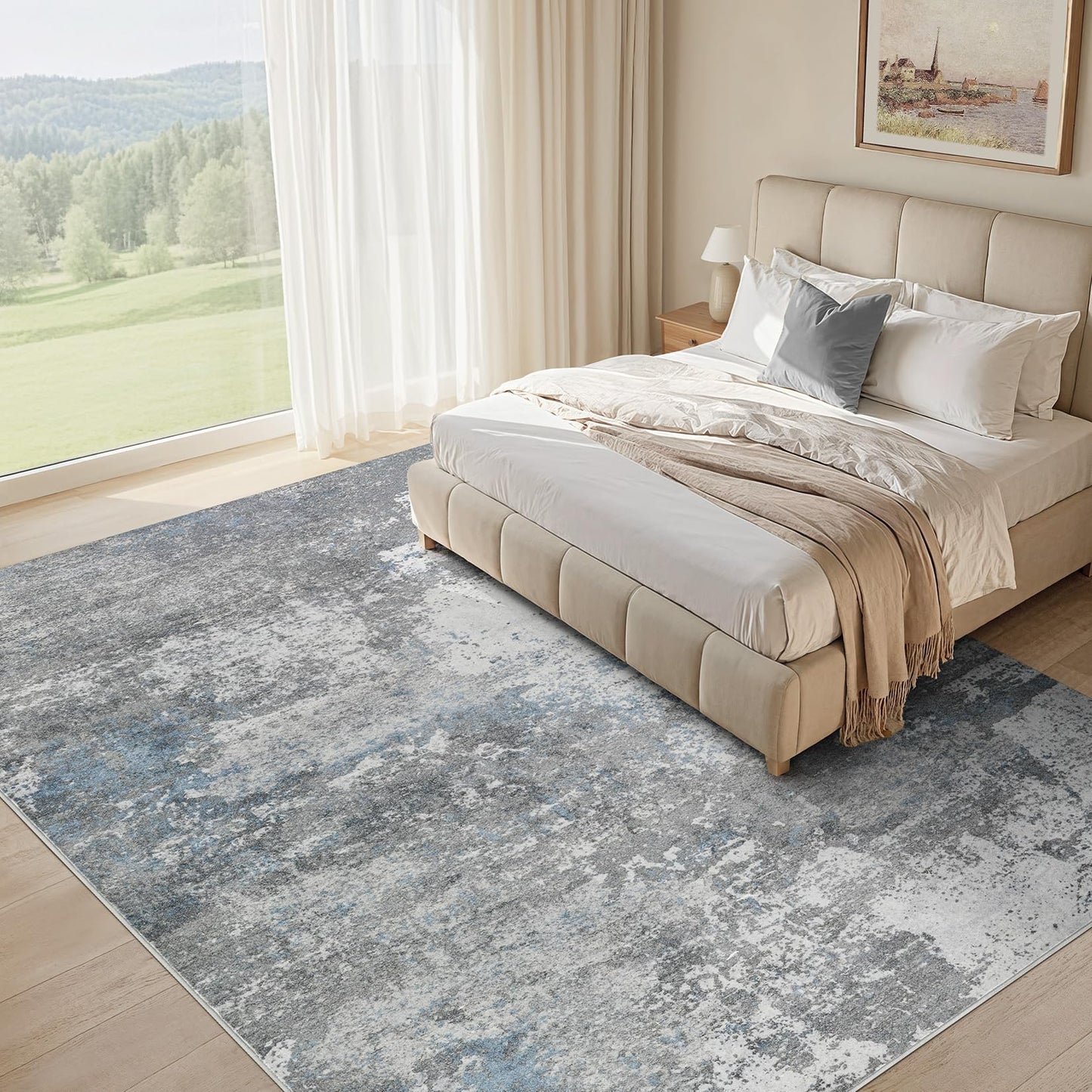 Micgeek Area Rug Living Room - 9X12 Abstract Washable Large Soft Foldable Non Slip Rug Neutral Modern Low Pile Carpet for Bedroom Nursery Dining Room Farmhouse Home Office Indoor - Grey Blue