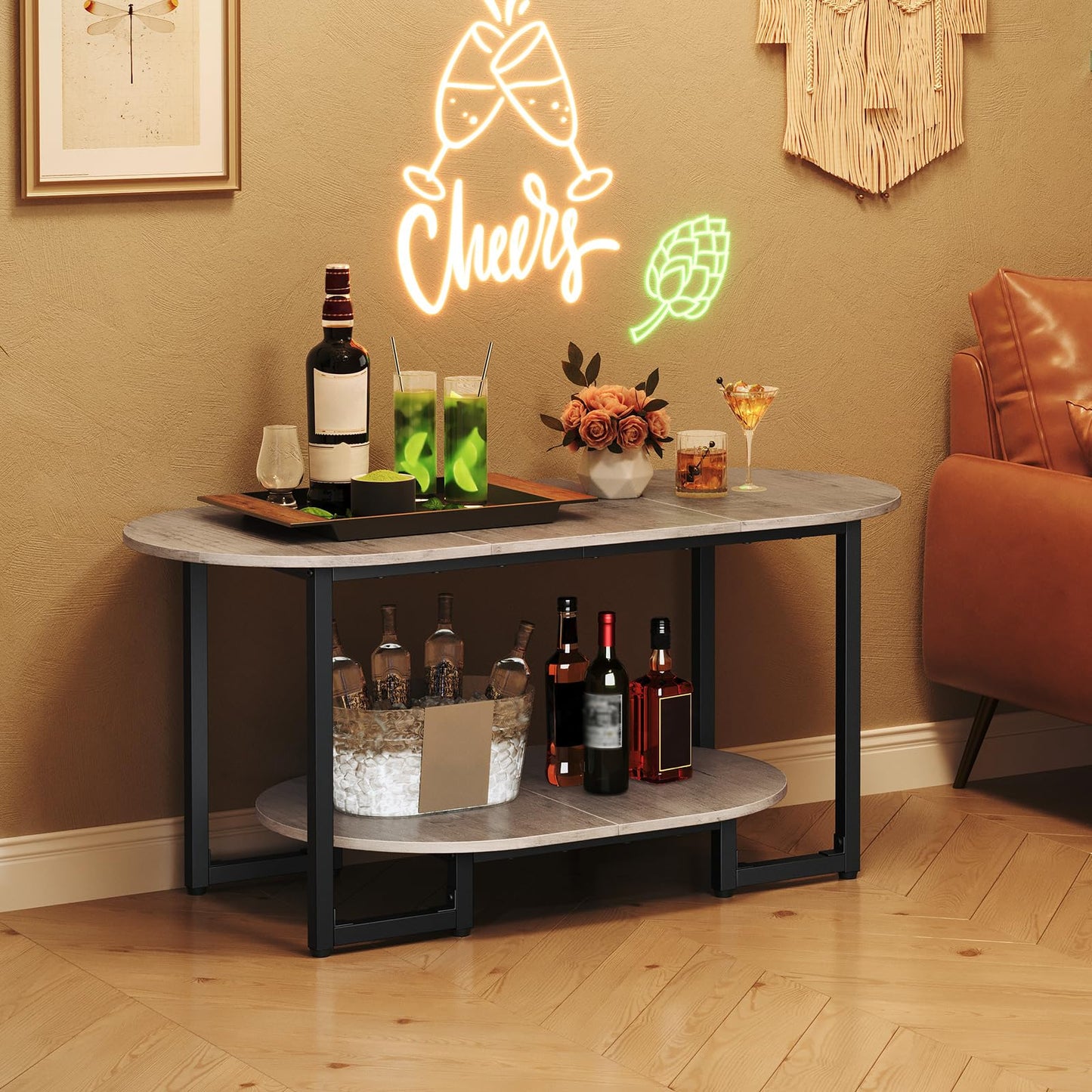 HOOBRO Coffee Table for Living Room, Oval Small Coffee Table with 2-Tier Open Storage Shelf, Industrial Cocktail Tea Table, Wooden Desktop Center Table, Farmhouse, Home Office, Greige BG09KF01
