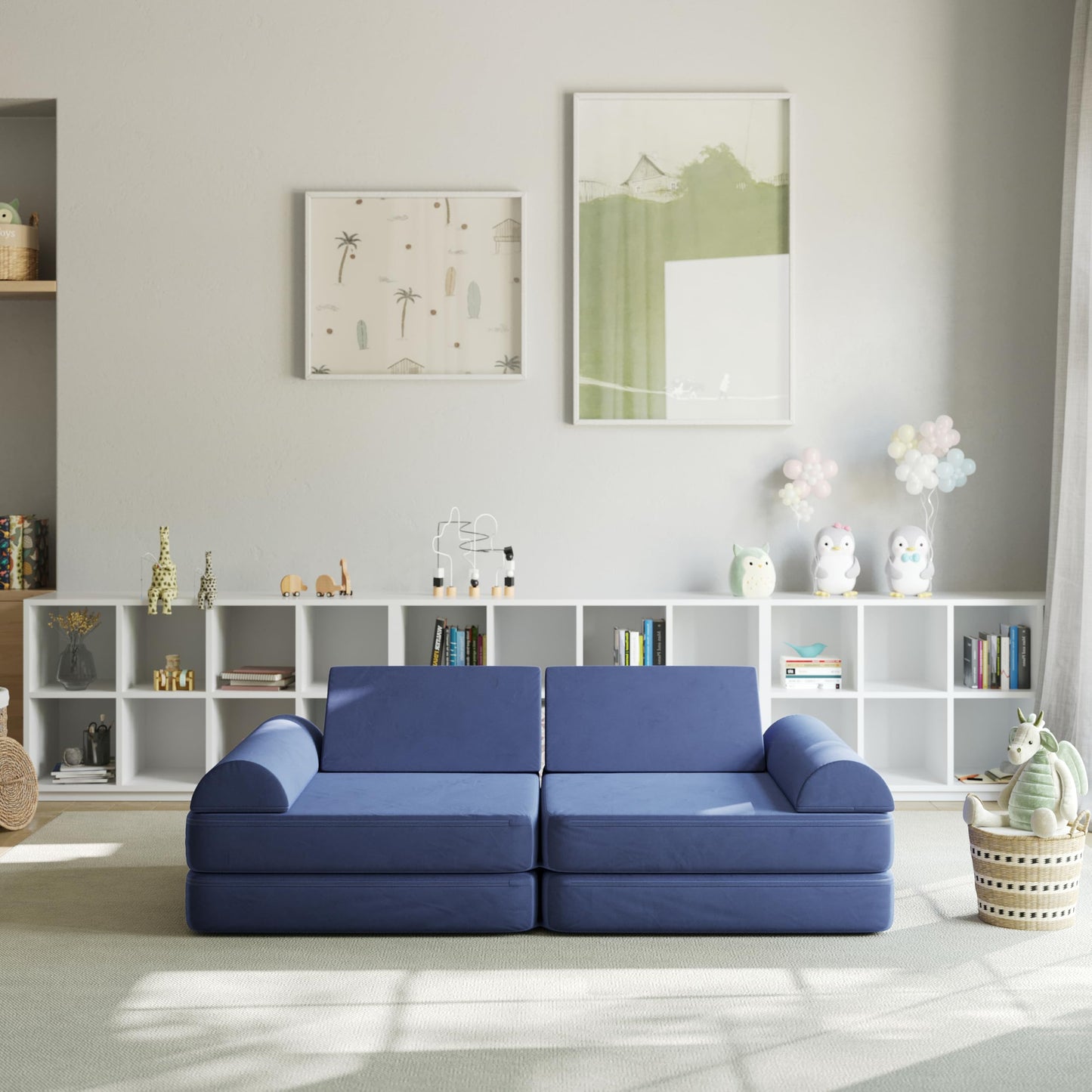 Flash Furniture Marlowe Modular Foam Kids Play Couch, 6 Soft Sectional Sofa Pieces, Convertible Kids Couch, Removable Covers, 56", Blue