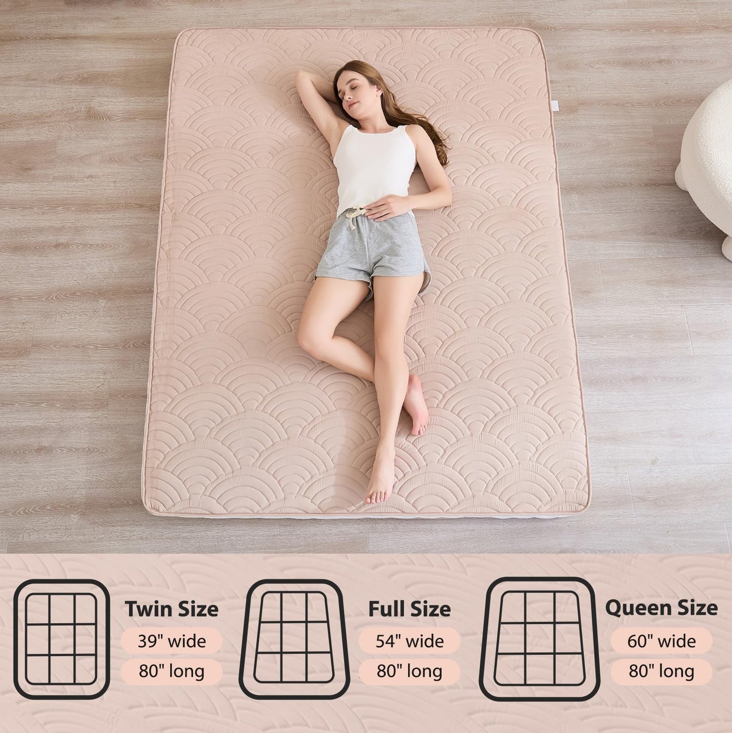 Zelladorra Japanese Floor Mattress, Quilted Futon Mattress with Anti-Slip Bottom, Foldable Floor Bed with Storage Bag and Straps, (Beige, Queen)