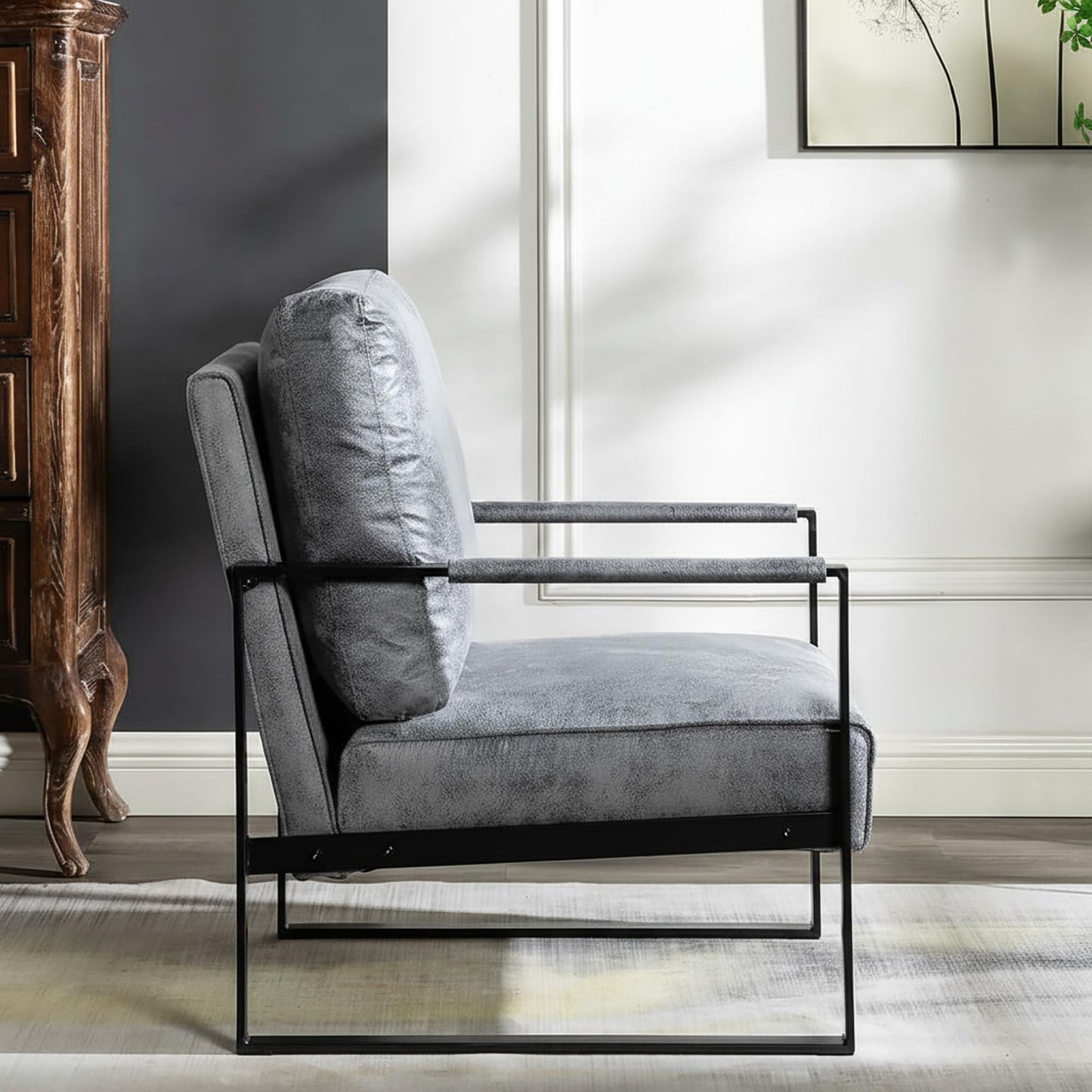 Container Furniture Classic Mid Century Modern Accent Chair with Durable Square Metal Frame, Armchair for Living Room, Bedroom, Home Office in Spotted Microfiber Upholstery, Grey