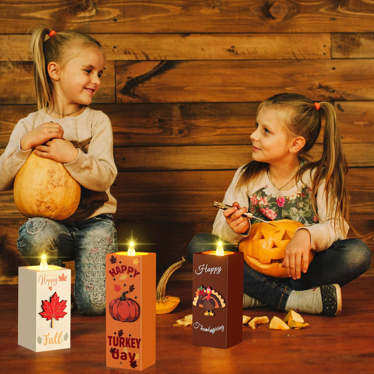 SiliFine 3 Pcs Thanksgiving Table Centerpieces Fall Candle Holders Thanksgiving Decorations Wooden Tealight Candle Holders Rustic Table Centerpieces for Home Office Holiday Decor Gifts
