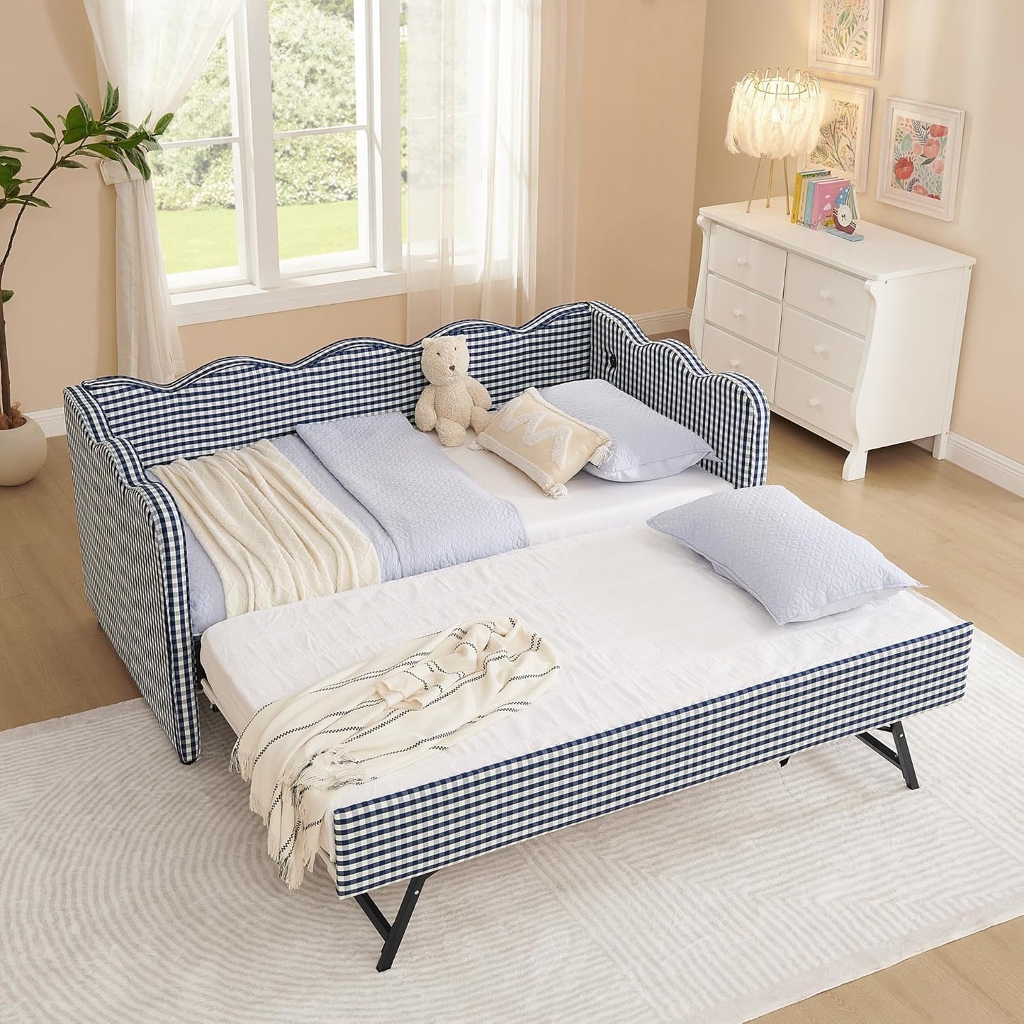 YHMHWZ Grid Linen Upholstered Daybed with Pull Out Trundle, Wave Curved Headboard Sofa Bed with USB Port, No Box Spring Required, Twin Size Guest Bed for Bedroom Guest Room