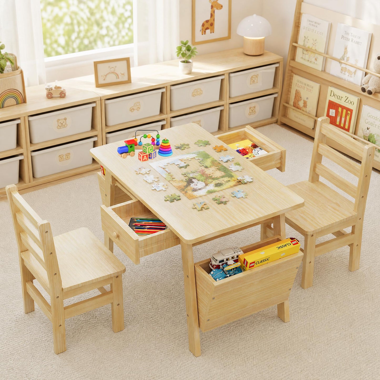 Beskadi Solid Pine Wood Table and 2 Chairs Set, Desk with Storage Bins, Premium Quality Wooden Table and Chair Set for Bedroom &Home - Boho Desks