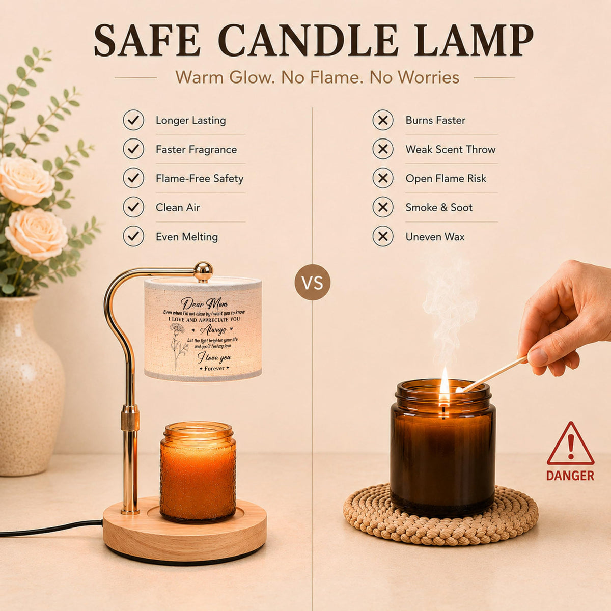 GIFTELIX Candle Warmer Lamp with Timer Dimmable - Dear Mom - Christmas Birthday Gift for Women Mom Mother from Daughter Son - Adjustable Height Wax Flameless Melter with 2 Bulbs - Cozy Home Decor
