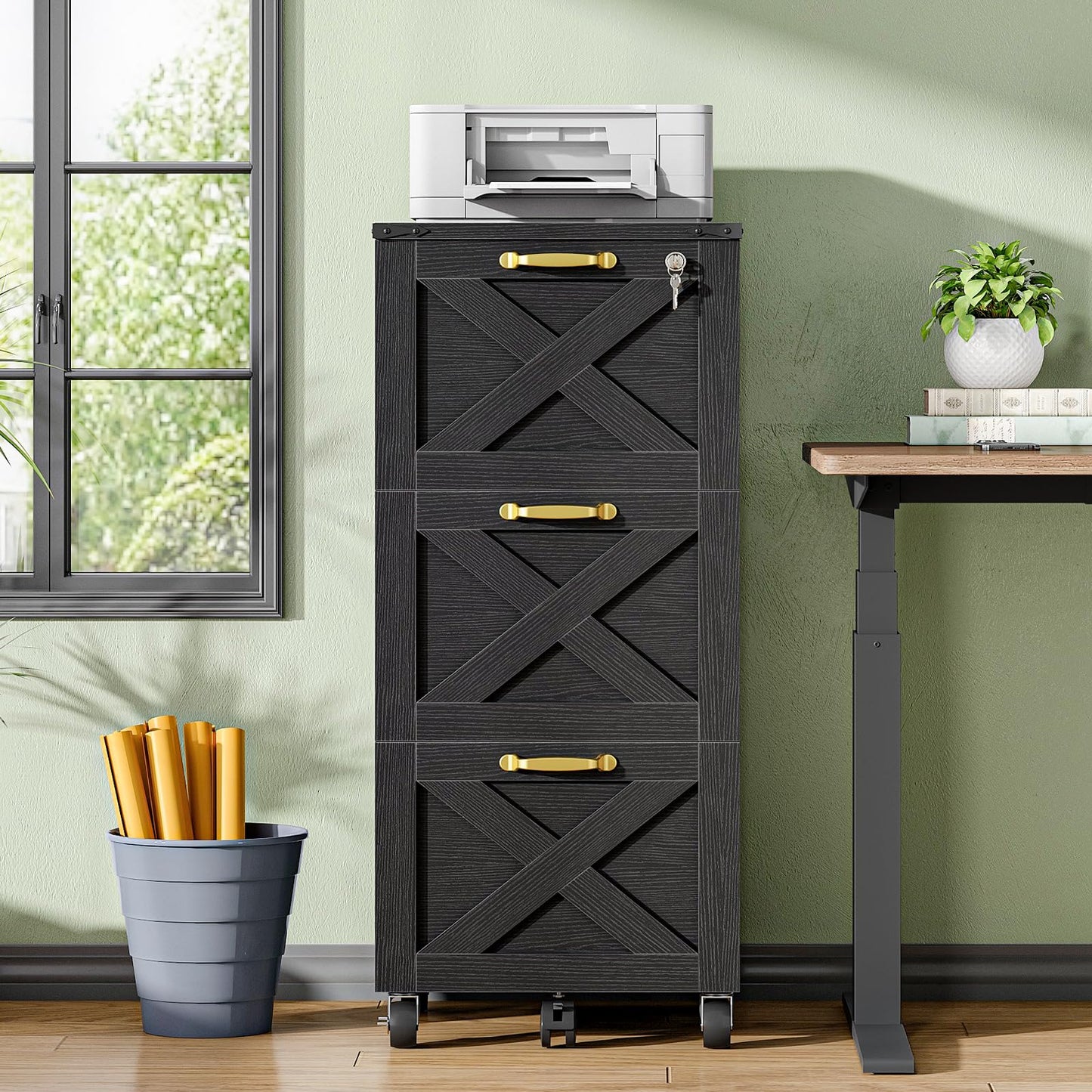 HOOBRO 3 Drawer File Cabinet with Lock, Mobile Filing Cabinet for Home Office, Wooden Farmhouse Office Storage Cabinet, Printer Stand Fits Letter and A4 Size, Black BK93WJ01