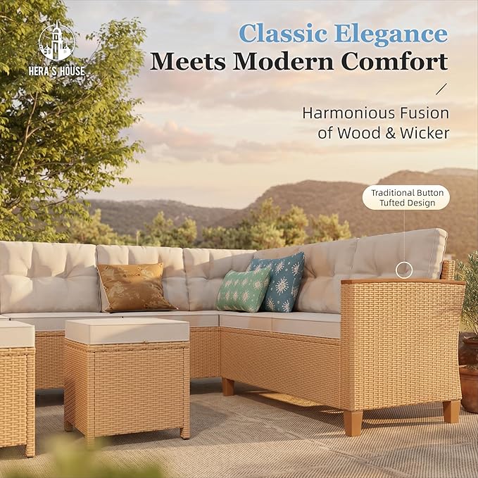 HERA'S HOUSE Small Patio Furniture Set, 6 Piece Wicker Outdoor Patio