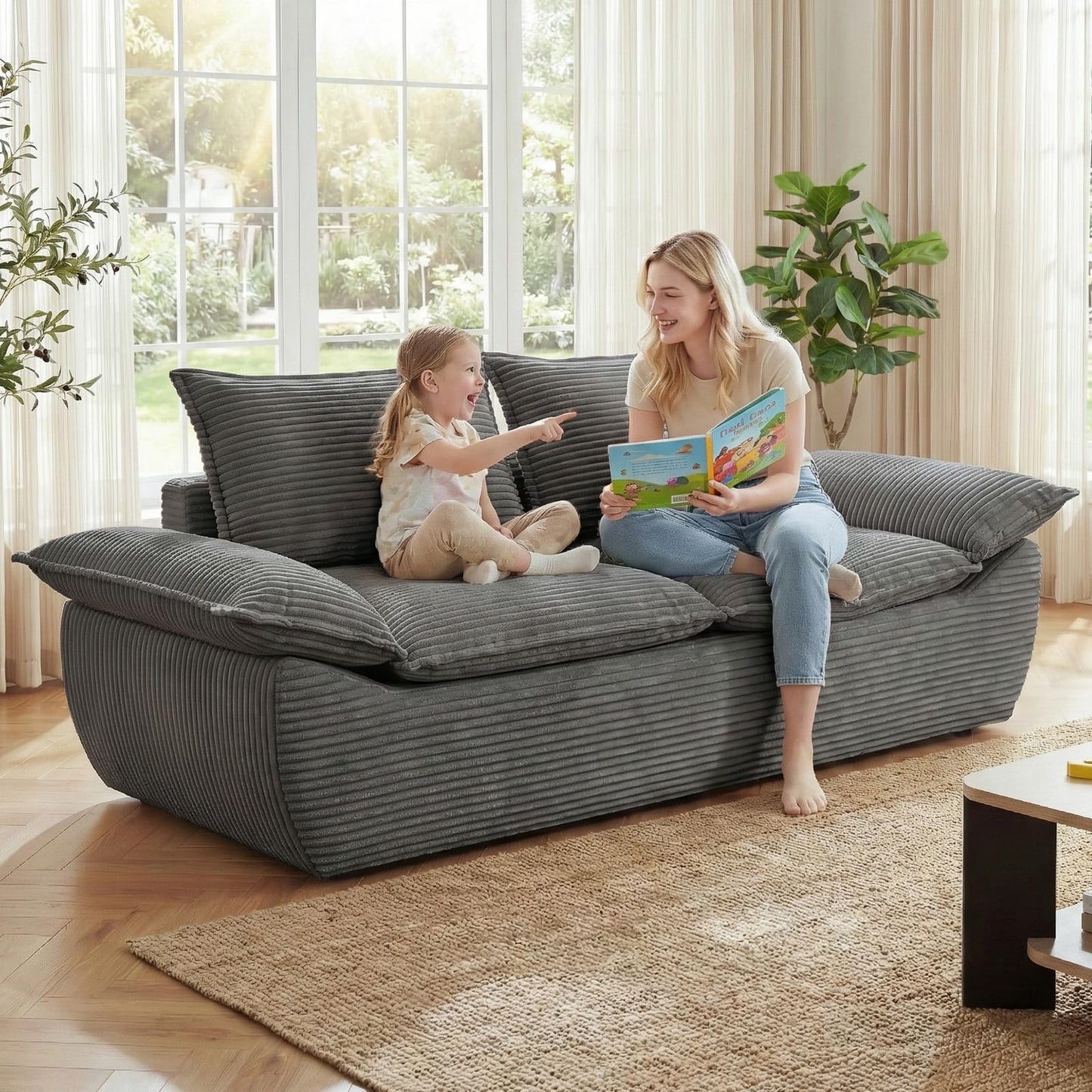 AOLVDOW Boneless Loveseat 56", 2-Seater Gray Boneless Sofa with Removable Cushions & 2 Pillows, Small Boneless Couch Compress Foam Sofa for Living Room, Apartments, & Office