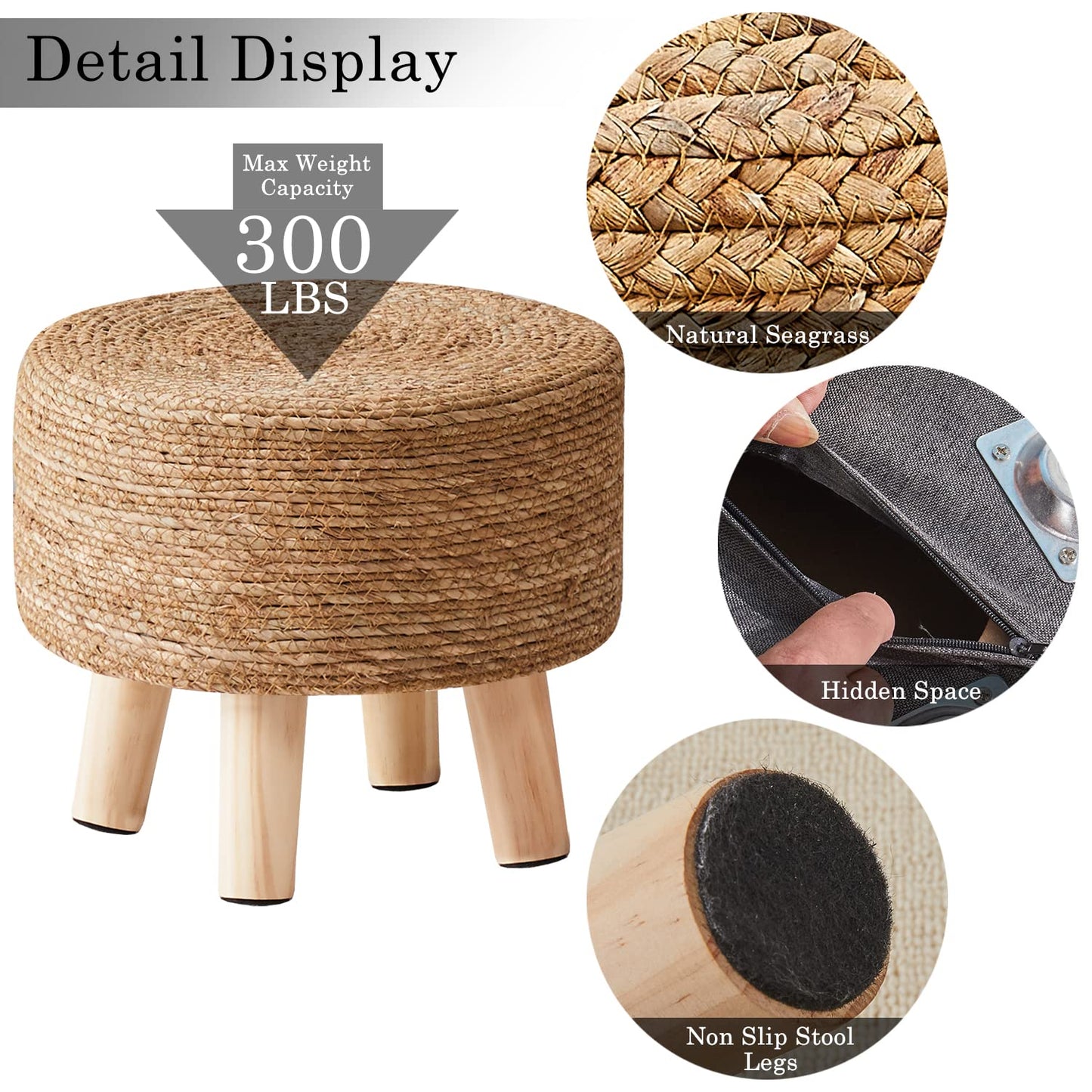 Cpintltr Foot Stool Natural Seagrass Hand Weave Poufs Round Ottoman for Couch Desk Soft Step Stool Padded Foot Rest with Non-Skid Pine Legs for Hallway Office Lounge Natural