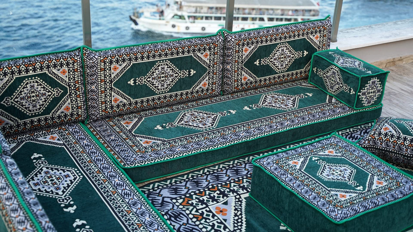 ArabicSofa L Shaped Arabic Floor Cushions, Sectional Sofa, Arabic Majlis Set, Custom Made Sofa, Green, 4'' Thickness, L Sofa Full Set