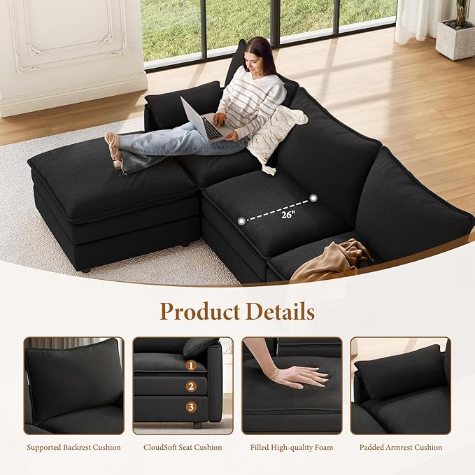 Vesgantti 108" U Shaped Sectional Couch, Comfy Cloud Modular Sectional Sofa