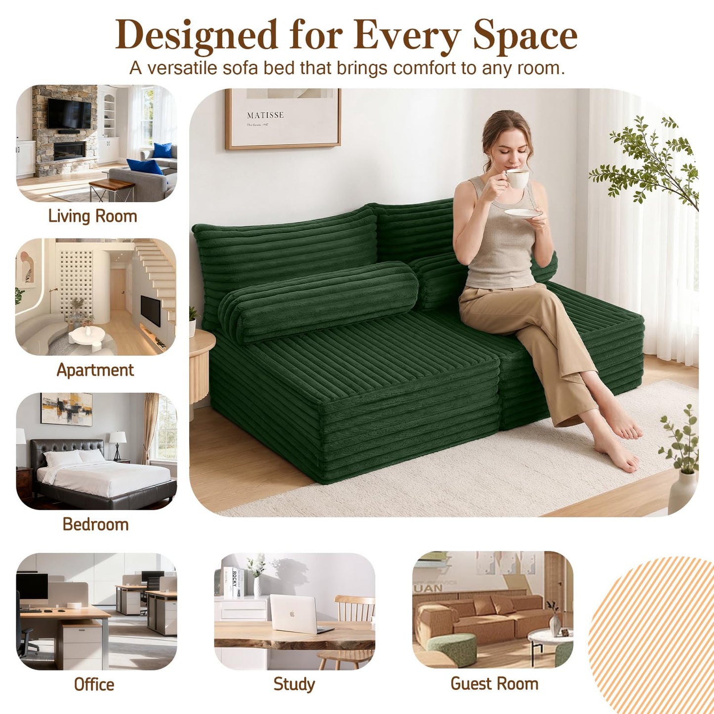 MeMoreCool Convertible Sofa Bed, Folding Floor Couch Bed Queen, Pull Out Sleeper Couch with Pillows, Fold Out Futon Sofa for Bedroom Living Room Small Space, Corduroy Green