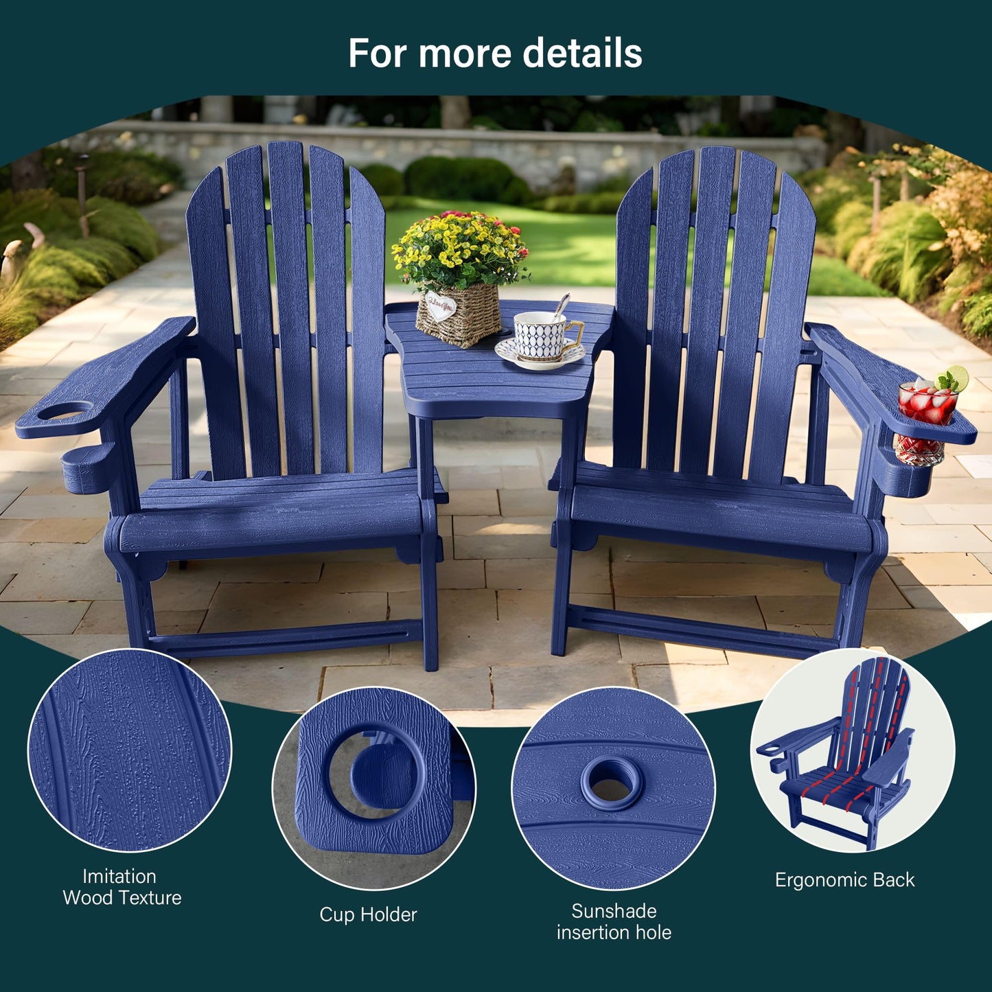 Adirondack Chairs Set of 2 Tool-Free Assembly,Removable Tabletop Tray,No Screws Needed,All-Weather HDPE Outdoor Patio Furniture Set with Cup Holders,Outdoor Lawn Chair for Patio Garden(Navy Blue)
