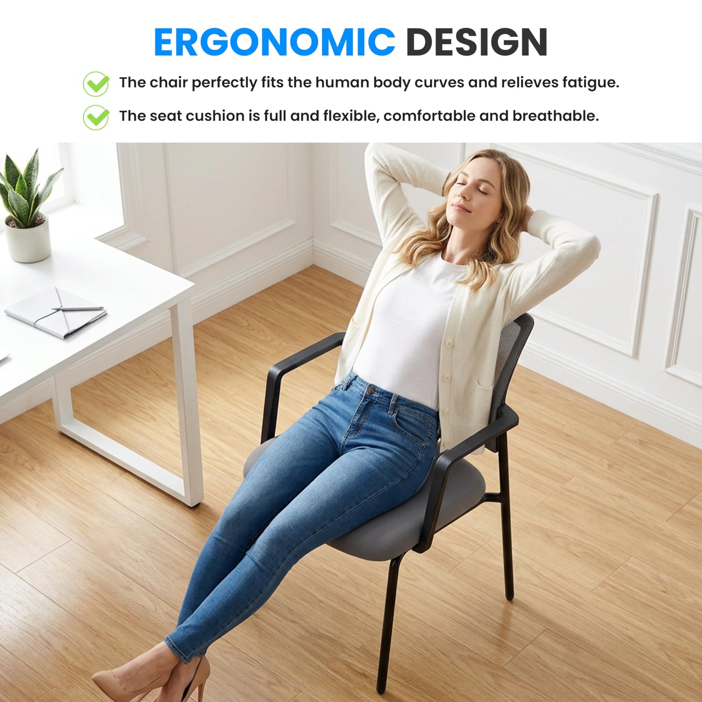Simple Deluxe Guest Waiting Room Office Arm Chairs, Mesh Back & Ergonomic Support, Stacking Padded Fabric Seat, No Wheel for Reception Meeting Conference Rest for Home Lobby Computer Desk, Grey