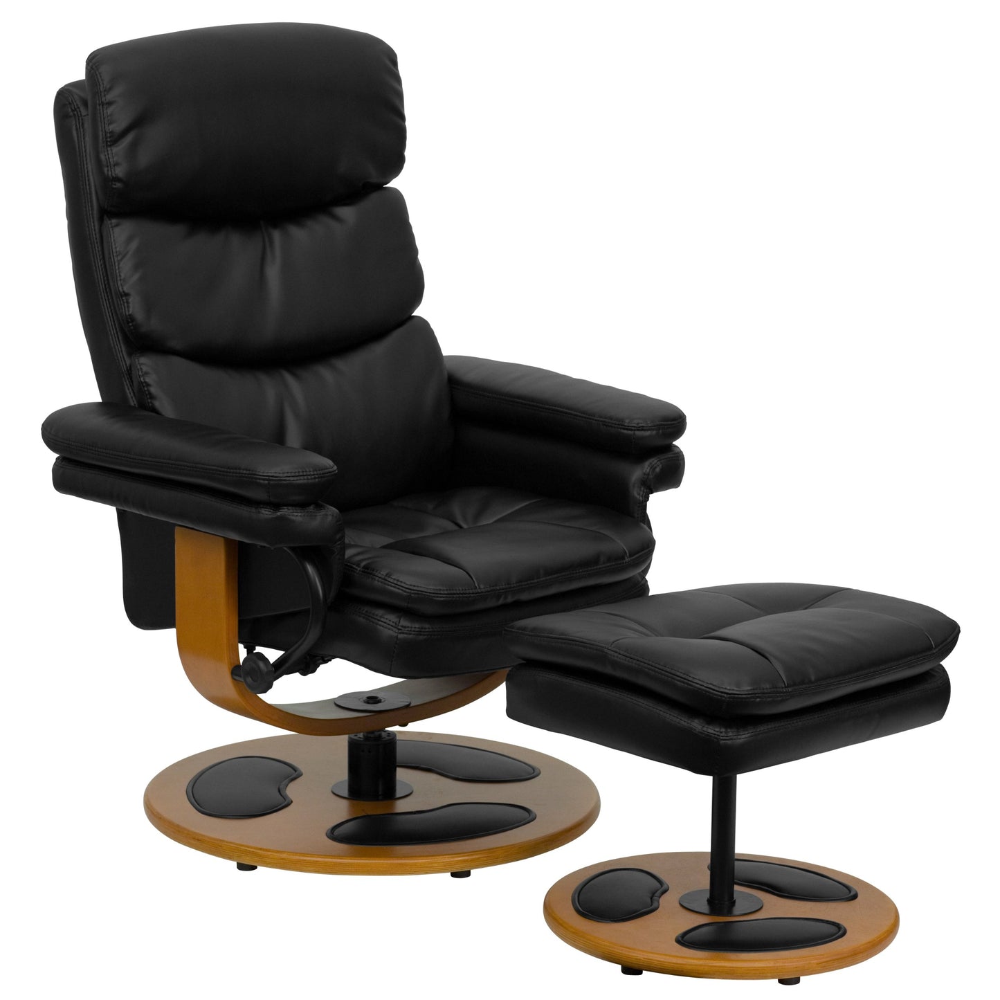 Flash Furniture Whitney Contemporary Multi-Position Recliner and Ottoman with Wood Base in Black LeatherSoft