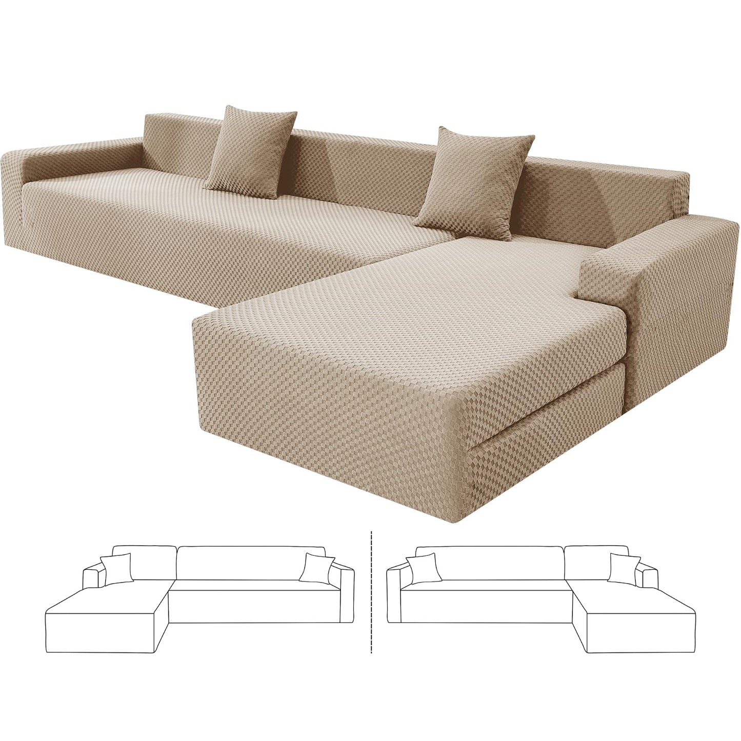 ZNSAYOTX Sectional Couch Covers, Stretch Jacquard Slipcovers with Elastic Bottom for L-Shape Sectional Sofa, 2 Pcs Pet Friendly Modular Sofa Protector (3 Seat Couch + 3 Seat Chaise, Khaki)