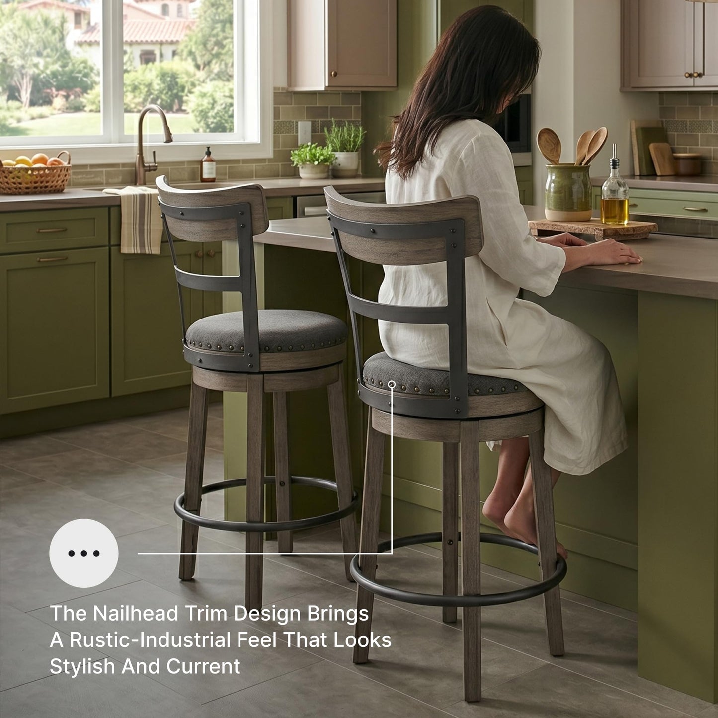 Signature Design by Ashley Caitbrook | Farmhouse Swivel 24" Counter Height Barstool – 360° Swivel, Upholstered with Nailhead Trim, Metal & Wood Frame, Gray
