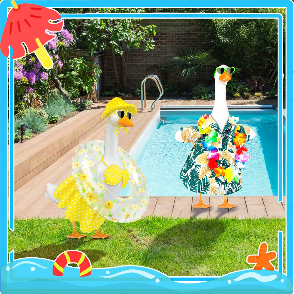 PaLuQiYa Hawaiian Goose Outfit with Sunglasses & Wreath,Porch Goose Outfits for 23" 17" Cement Plastic Goose Clothes Costumes,Garden Decor Duck Costume for Outdoor Statues(Bikini)