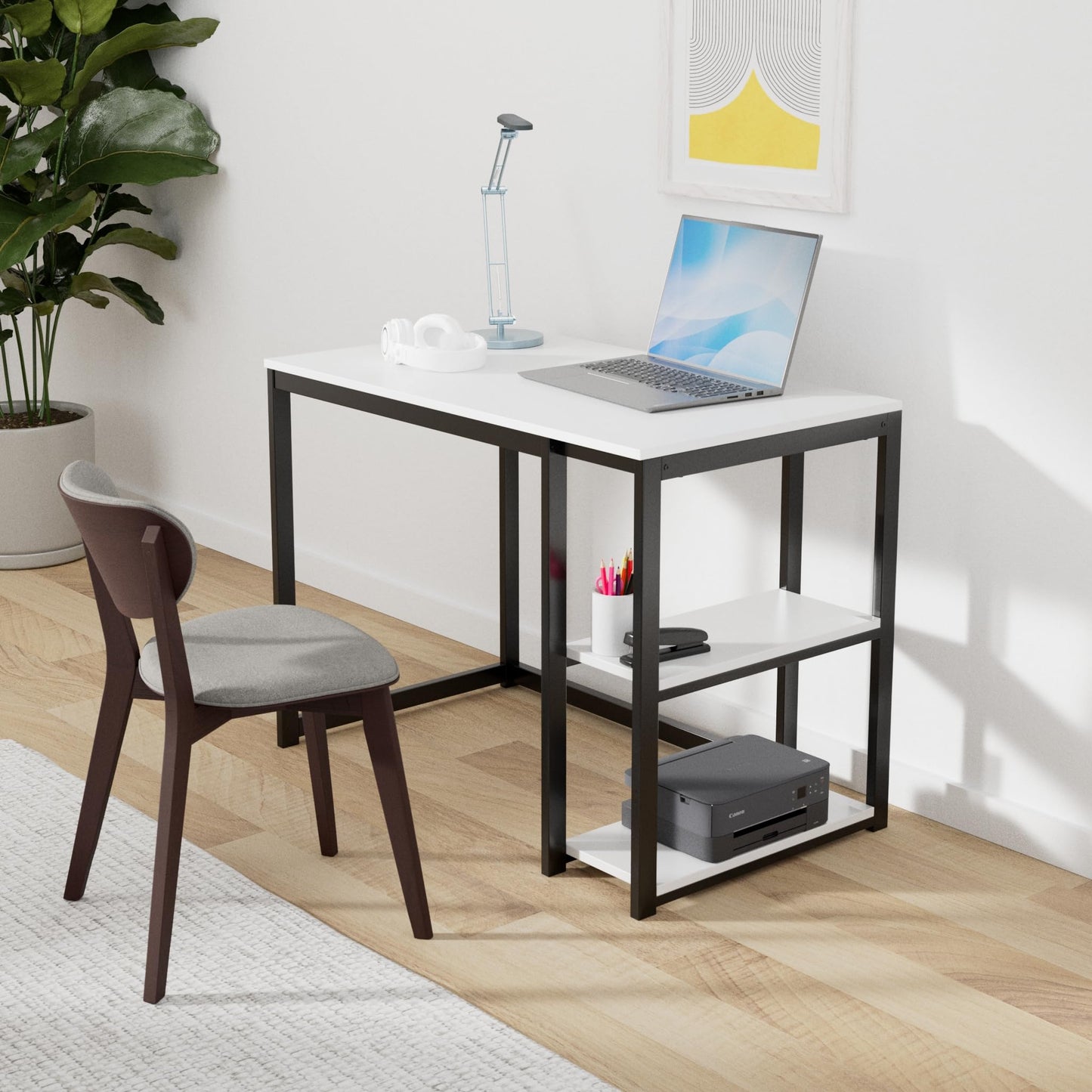 SINPAID Computer Desk 47 inches with 2-Tier Shelves Sturdy Home Office Desk with Large Storage Space Modern Gaming Desk Study Writing Laptop Table, White Desk
