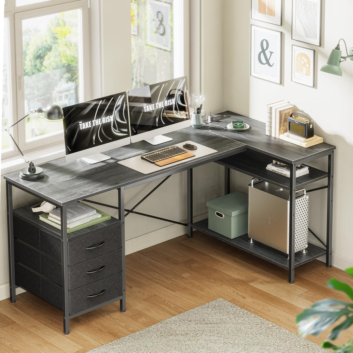 Huuger L Shaped Office Desk with Power Outlets, 55 Inch Computer Desk with 3 Drawers, Shelves, Reverisble for Gaming Corner Work Home Office Study, Grey