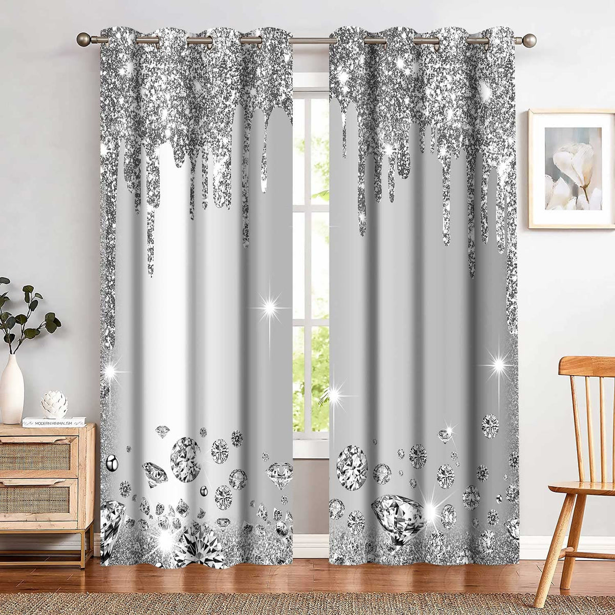 MIZSYE Sparkling Diamond Curtains Silver Shiny Drips Wall Decoration Inspiration Aart Blackout Curtains for Bedrooms Living Rooms Girls Bedroom 2 Panels 42x84inch CLZYMS52
