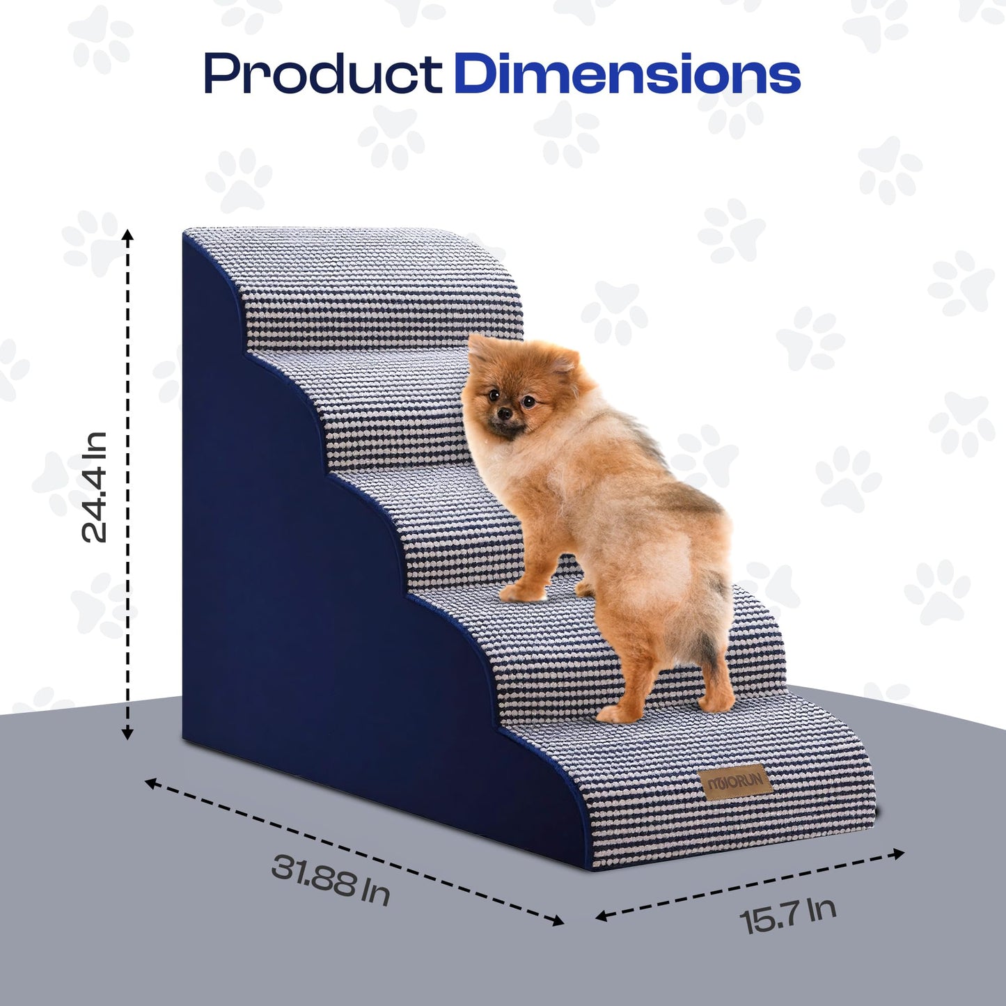 Curved Dog Stairs for High Bed Up to 26", 5-Step Dog Ramp for Small Dogs with Washable Cover, Non-Slip Steps for Cats to Get on Couch and Sofa, Durable Foam Ladder for Medium Breeds, White Navy