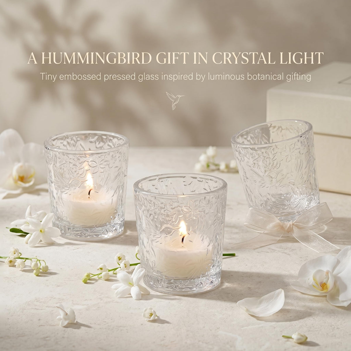 12 Pack Hummingbird Embossed Glass Candle Holders – Votive Tealight Holders with Patent Design, Decorative Embossed Glass Cups for Wedding Centerpieces, Parties, and Home Décor (Crystal Clear)