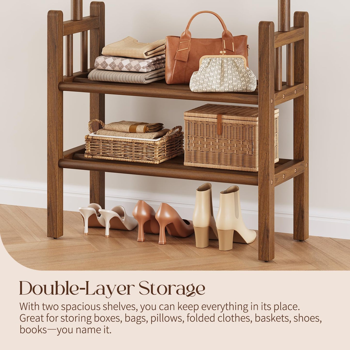 Yoobure Solid Wood Clothing Rack with Shelves - Coat Rack Freestanding with 6 Hooks, 3-in-1 Hall Tree for Hanging Clothes, Tall Garment Racks with Storage for Bedroom, Entryway, Living Room, Closet