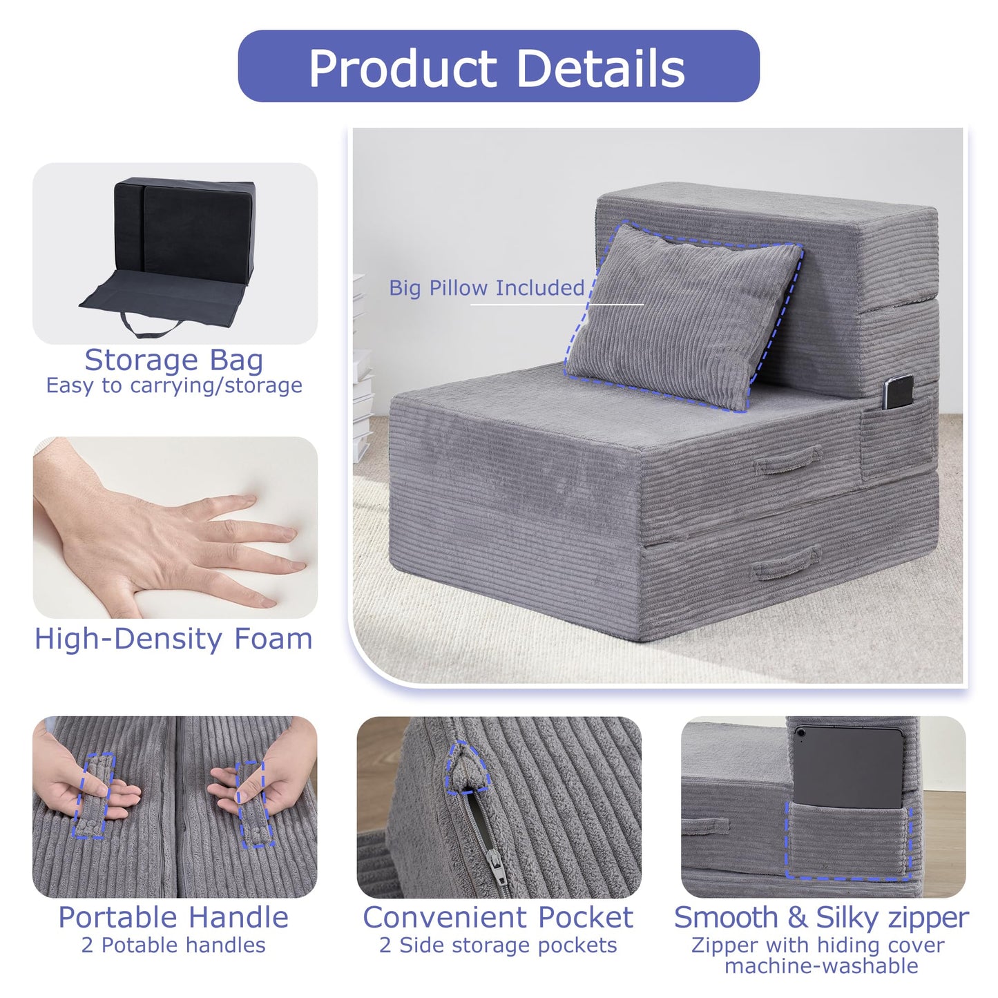 HILERO Folding Sofa Bed, 4 in 1 Convertible Sleeper Chair with Pillow, Single Memory Foam Fold Out Chair Bed, Modern Floor Futon Sofa Couch Mattress for Living Room/Guest/Apartment, Light Gray