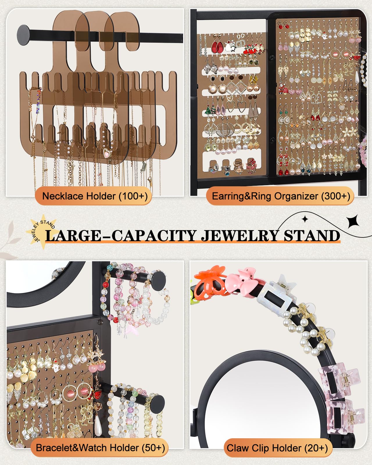 Mirror Jewelry Cabinet Standing, Jewelry Organizer and Storage with Jewelry Mirror, Jewelry Armoire with Earring Organizer Necklace Holder Bracelet Display, Large Tall Stand Up Jewelry Box Stand Tree