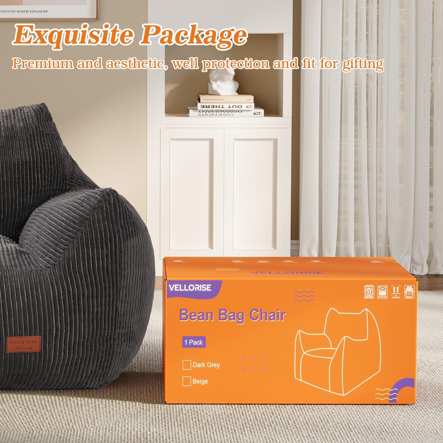 Vellorise Big Bean Bag Chair for Adults, Ultra Soft Living Room Bean Bag with Armrests, Stuffed BeanBag Chair for Napping, Gaming, Vacuum-Compressed for Easy Gifting, 48 Hours to Fluffs Up, Dark Gray